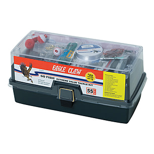 eagle claw go fish tackle box EXTREME VALUE KIT, 55 PIECES, CONTAINS AN ASSORTMENT OF HOOKS, RIGS, SINKERS, AND OTHER TACKLE FOR FRESHWATER FISHING tackle and rigs Eagle Claw KTKLBXSW-D Go Fish
