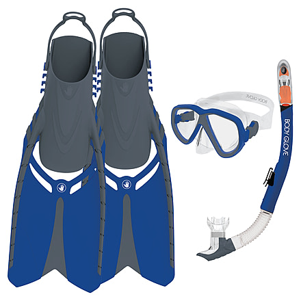 Body Glove Azores Mask/Snorkel/Fins Complete Set - Blue/Grey 1617E2E4, S/M, Blue/Grey, 21042SET-Blue-Grey-S/M