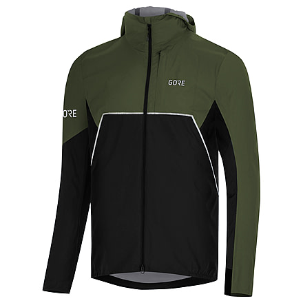 GOREWEAR Mens R7 Partial GORE-TEX INFINIUMTM Hooded Running Jacket in Black/Utility Green XS Slim fit Windproof DE5C45B0, 100459-99BH-S