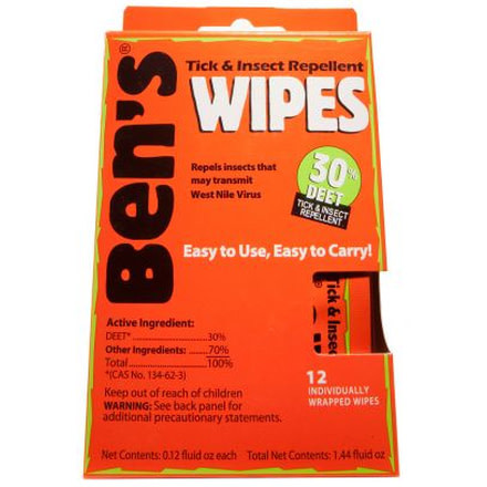 Ben's 30 Insectand Tick Repellent DEET Wipes 12/Box 0006-7085