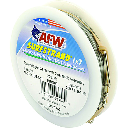AFW Surfstrand Downrigger Wire, 1x7 Stainless, Comp. Assembly 150lb 68kg test, .031 in 0.79mm dia, Bright, 200ft 61m, R150TA-3