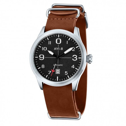 AVI-8 Flyboy Watch Automatic Japan 3 Hands with Date, Black/Tan AV-4021-01
