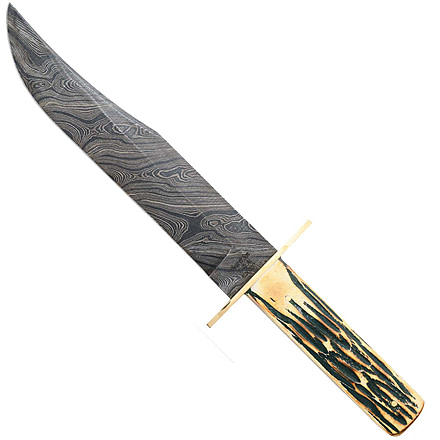 Bear and Son Knives American STD Bowie Fixed Blade Knife w/Leather Sheath, 9in, High Definition Damascus Steel, Genuine India Stag Bone Handle, 502D