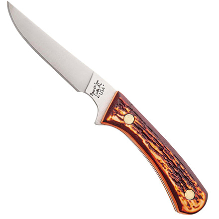 Bear and Son Knives Bird &amp; Trout Fixed Blade Knife, 3in, 440 Stainless Steel, Stag Delrin Handle w/ Leather Sheath, 751