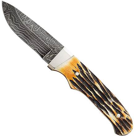 Bear and Son Knives Pro Skinner Fixed Blade Knife w/ Leather Sheath, 3.13in, High Definition Damascus Steel, Genuine India Stag Bone Handle, 549D