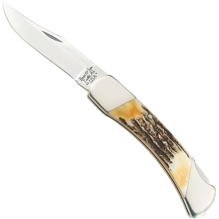 Bear and Son Knives Professional Lockback Folding Knife, 3.75in, High Carbon Stainless Steel, Clip Point, Genuine India Stag Bone Handle w/ Leather Sheath, 597