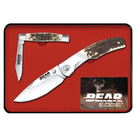 Bear & Son Cutlery 2 Piece Tin Set of Folding Knives with Stag Delrin Handle, 420 SS Blades, 4in and 2.85in Closed Blade, 71560