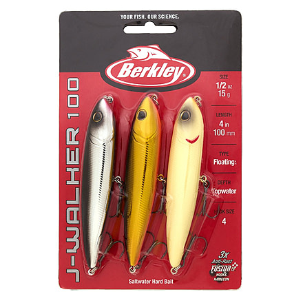 Berkley J-Walker 100 Saltwater Pro Pack Hard Bait Kit, Topwater, Saltwater, 100, 1/2 oz, 100mm, Topwater, Hook Size 4, 2 Hooks, Varies, 1563368