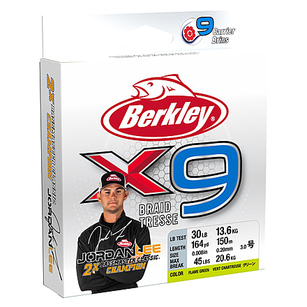 Berkley Jordan Lee x9 Braid Superline, 0.17mm class/0.007in class, 20lb test/37 lbC/17.0kg, 2188yd/2000m, 8lb, Flame Green, X9BBK20-GG, Flame Green, 0.007 in/0.17 mm, 1486874