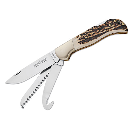 Boker 500/3Ce Fox Multihunter Stag3 Folding Knife, 3.3in, N690, Uncoated, Brown, 500/3CE