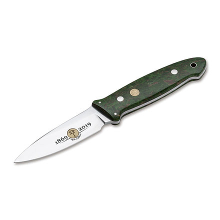 Boker Cub Anniversary 150 Fixed Blade Knife, 3.8in, N690, Curly Birch Wood, Uncoated, Green, 126661