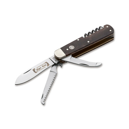 Boker Jager Gold Quadro Folding Knife, 3.375in, Saw, Gutting Blade and Corkscrew, Walnut Handles, Leather Sheath, 110646