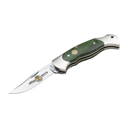Boker Scout Anniversary 150 Fixed Blade Knife, 3.1in, N690, Curly Birch Wood, Uncoated, Green, 116120