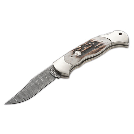 Boker USA Lockback Folding Knife,3.125in,Damascus Steel Clip Blade,Genuine Stag Handle BO02577
