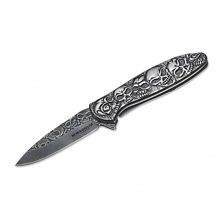 Boker USA Magnum Dia De Los Muertos Folding Knife, 4.5in Closed, 3.38in, 440 SS, Black Stonewash Blade, Black Stonewash Stainless Handle, 01SC519N