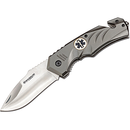 Boker USA Magnum Gray Rescue Folding Knife,3in 440 Stainless Steel Blade,Anthracite Aluminum Handle 01SC184