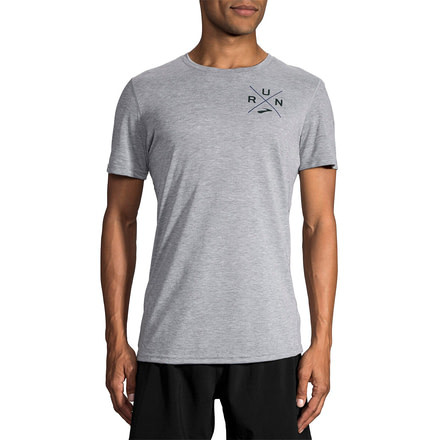 Brooks Distance Short Sleeve Running Shirt - Mens, Heather Ash/Run Cross, M, 211232015.03