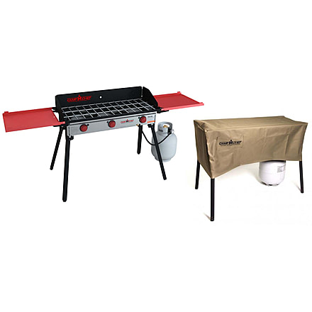 Camp Chef Pro 90X - 3 Burner Stove, Black and Red, with Tan Patio Cover, PC42