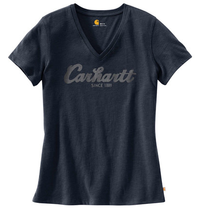 Carhartt Lockhart Graphic Scrpt Logo Short Sleeve V-neck T-shirt - Womens, Dark Indigo Heather, M-REG 103078-462-REG-M