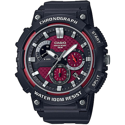 Casio Outdoor Analog Watch w/Chronograph, Date Window, Luminous Hands, WR to 100M w/Red Face - Mens, Black, One Size, MCW-200H-4AV