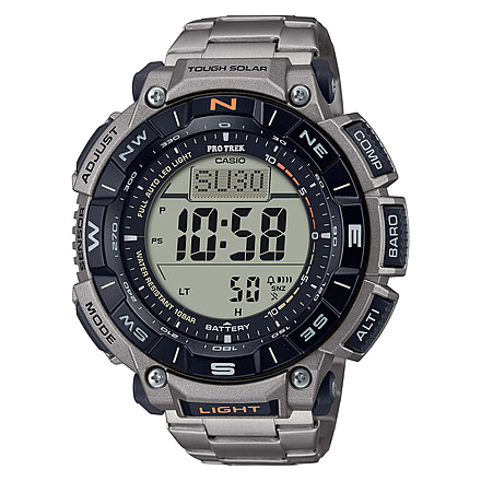 Casio Outdoor Casio Pro Trek Solar Watch Triple Sensor Watching Featuring an Altimeter, Barometer, Digital Compass, Thermometer and 100M WR Titanium Band - Mens, Silver, One Size, PRG340T-7