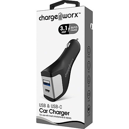 Chargeworx Car Charger, USB + USB-C Ports, Black, CHA-CX3051BK