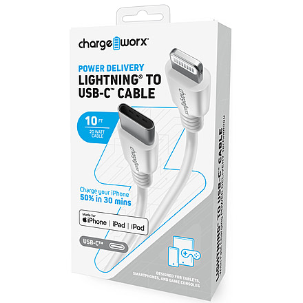 Chargeworx PD Cable, Lightning to USB-C, 10ft, White, CHA-CX4630WH