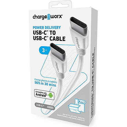 Chargeworx PD Cable, USB-C to USB-C, 3ft, White, CHA-CX4639WH