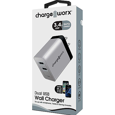 Chargeworx Wall Charger, 2 USB Ports, Silver, CHA-CX3072SL