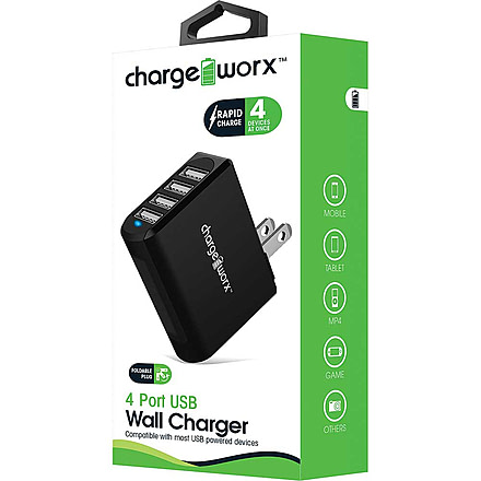 Chargeworx Wall Charger, 4 USB Ports, Black, CHA-CX2507BK