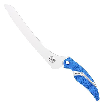 Cuda 9in Titanium Bonded Offset Serrated Knive, Titanium Bonded Blade, Non-Slip Cuda Scale Pattern Grip, 18844