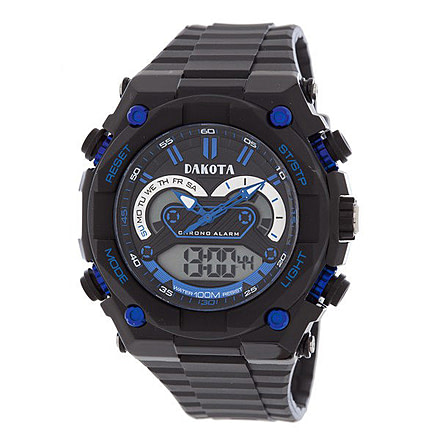 Dakota Watches Tough Ana-Digi, Black/Blue Dial, Black Case/PVC Strap, NO 2163-1