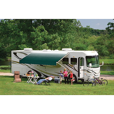DOMETIC 8500 Manual Patio Awning With Polar White Weathershield, Meadow Green Linen Fade, 10ft, 848NW10.400B