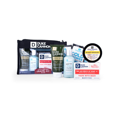Duke Cannon Supply Co Handsome Man Travel Kit, 2 fl oz Shaving Cream, 2.3 oz After-Shave Balm, 4.5 oz Soap, 1.4 fl oz Hand Balm, 3 x Field Towels, TRAVELSET1