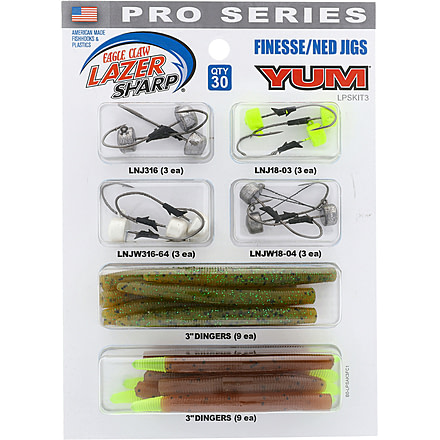 Eagle Claw Lazer Sharp Pro Series Finesse/ Ned Jig Kit, Hooks Weedless Hooks, 3in Dingers, 30 Pieces, LPSKIT3