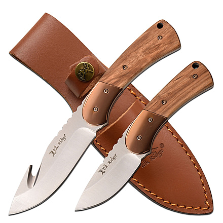 Elk Ridge 2 Set Fixed Blade Knife, 3.75 in, 3Cr13 Stainless Steel Stainless Steel, Gut Hook/Drop Point, Brown, ER-200-10BR