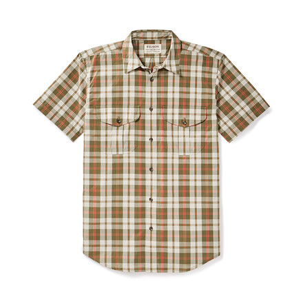 Filson Short Sleeve Feather Cloth Shirt Mens, Olive/Khaki/Chili, Small, 20008229-OKC -S
