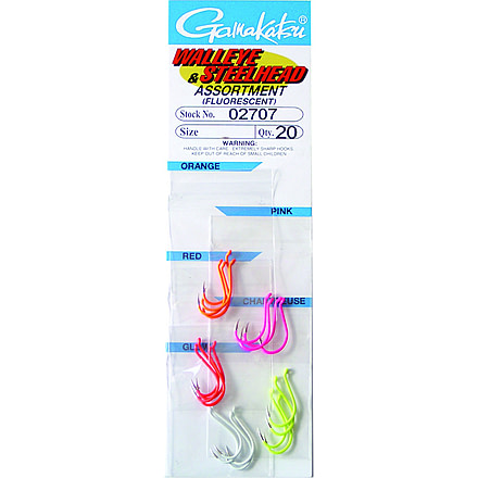 Gamakatsu 0 Fluorescent Walleye and Steelhead Hook Assortment, Forged, Octopus, Red/Pink/Orange/Chartreuse/Glow, Size 2, 20 per Pack, 2709