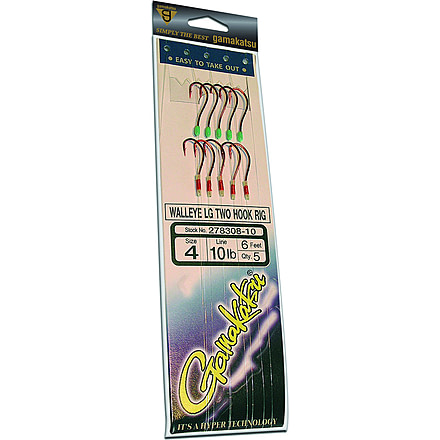 Gamakatsu Walleye LG Two Hook Rig, Needle Point Wide Gap, Light Wire, Octopus, NS Black, Size 4, 5 per Pack, 278308-10