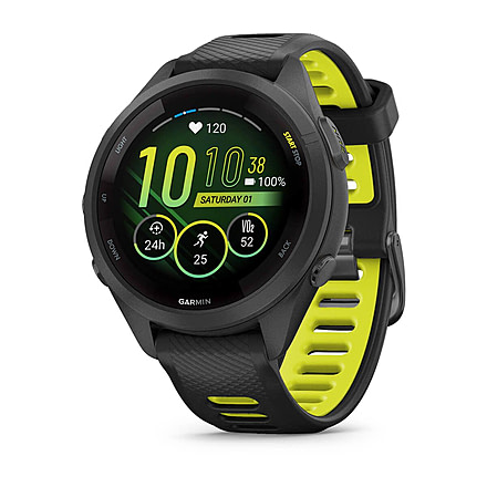 Garmin Forerunner 265S Watch, Black Bezel and Case w/ Black/Amp Yellow Silicone Band, 010-02810-03