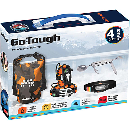 Go-Tough 4 Piece Camping Gift Set - Drybag, Para Cord, Headlamp, Fork/Spoon/Knife, Multicolor, Small, GT7081