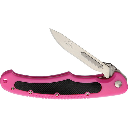 Havalon Piranta Bolt Linerlock Pink Folding Knife, 2.75in Satin SS Blade, Pink ABS Handle, Black Rubber Handle Insert, 12 Additional #60A Blades, Black Nylon Sheath, XTI-60ABOLT-PK