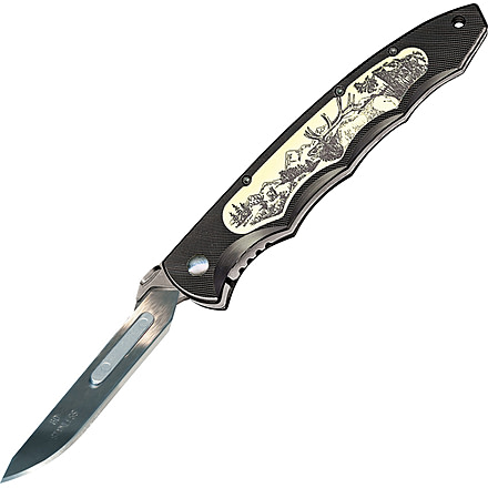 Havalon Piranta Quik-Change Folding Knife, 2.75in, Stainless Skinner Blade, Black Aluminum Handle, Elk laser scrimshaw artwork HV60ELK