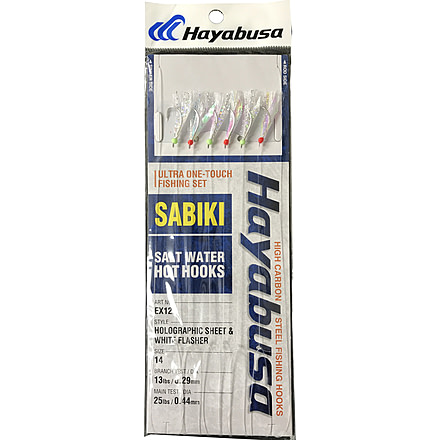 Hayabusa Holographic Sheet & White Flasher Sabiki, Main 25Lb And Branch 13Lb Test Line, Size 14, 6 Hooks, EX122-14