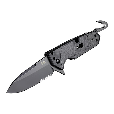 Hogue HK Karma 3.75in First Response Tool Folder Spear Point Blade, Partially Serrated Flipper, Black Finish, G10 Scales, Black 54210