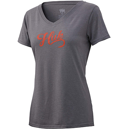 HUK Performance Fishing Script V-Neck Tee - Womens, Sharkskin Heather, Medium, H6100039-022-M