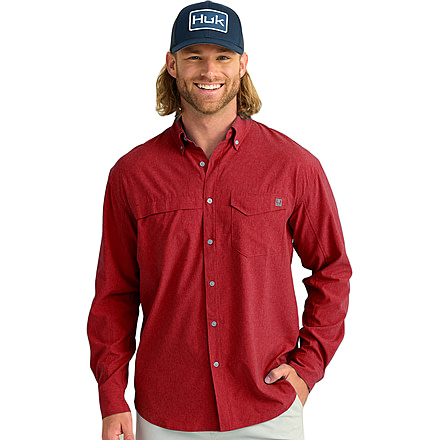 HUK Performance Fishing Tide Point Break Long Sleeve Chambray Shirt - Mens, Scarlet Blaze, Extra Large, H1500166-621-XL
