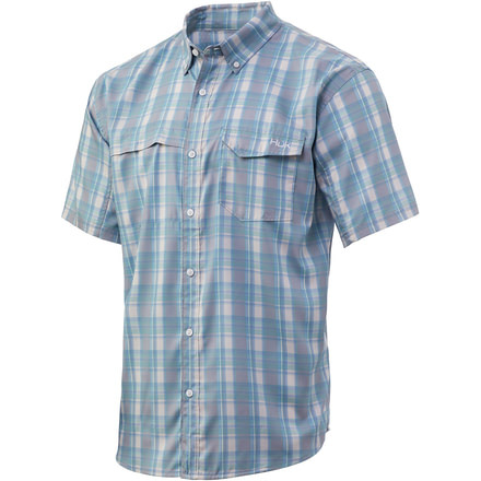 HUK Performance Fishing Tide Point Plaid Short Sleeve Button Up - Mens, Silver Blue, Extra Large, H1500068-040-XL