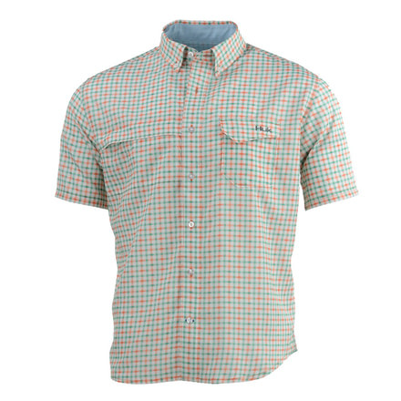 HUK Performance Fishing Tide Point Woven Plaid SS Tops, Short Sleeve - Men's, Beach Peach, 2XL, H1500043-850-XXL