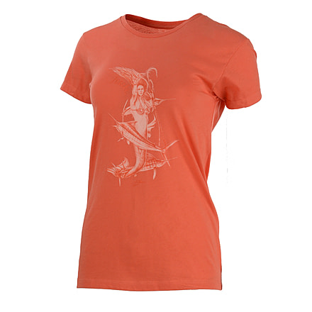 HUK Performance Fishing W Mother Ocean Crew Tops, Short Sleeve - Womens, Coral, Large, H6100018-630-L